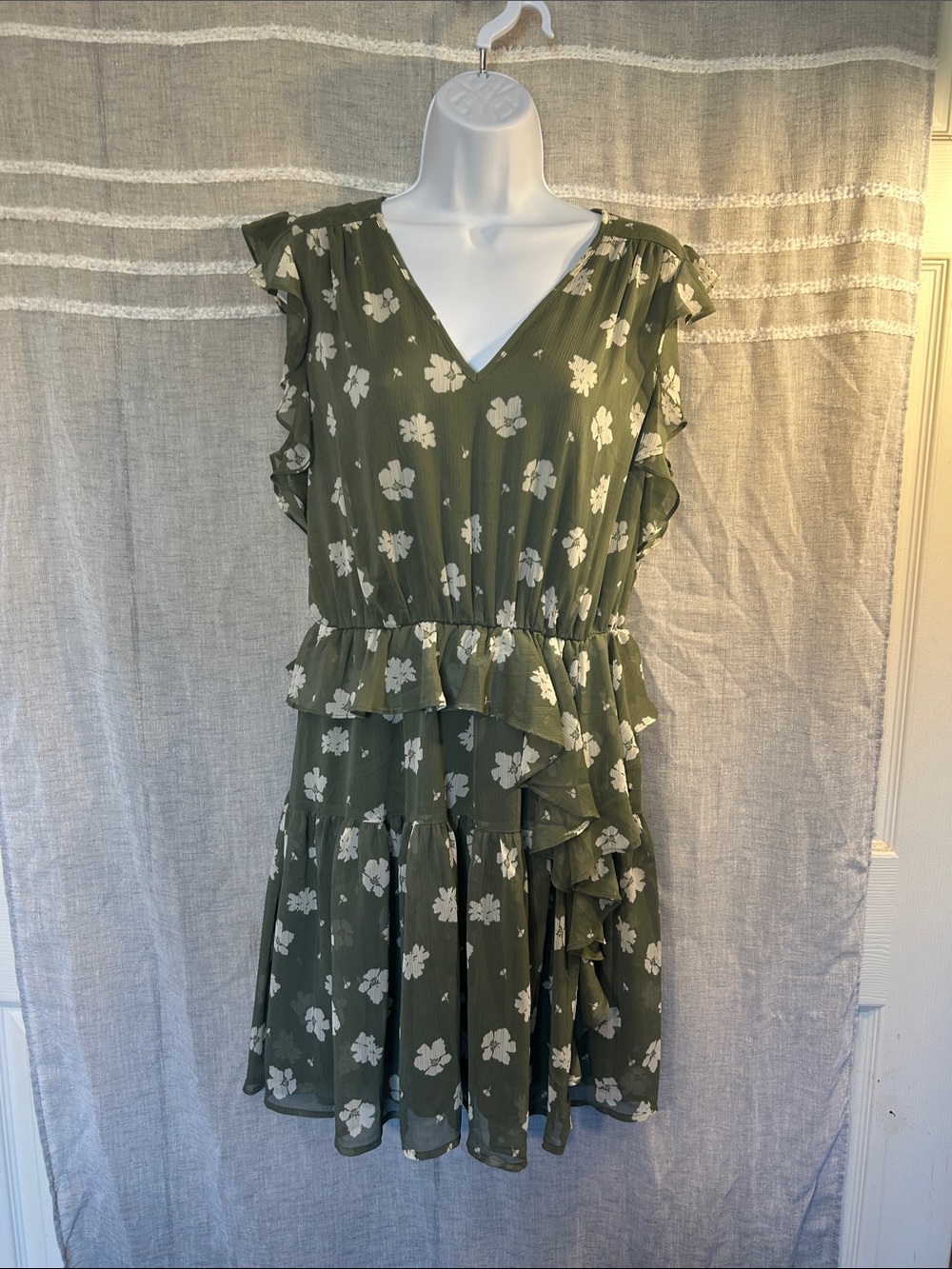 Olive Floral Ruffle above the knee Dress with V-Neck